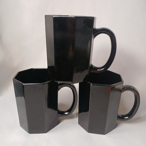 3 Arcoroc Octime Black Glass Octagon Coffee Mugs Tea Cups Vintage MCM France - Picture 3 of 16